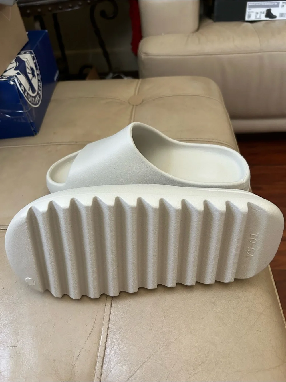 Men's Adidas Yeezy Minimal Slide Sandals in cream color